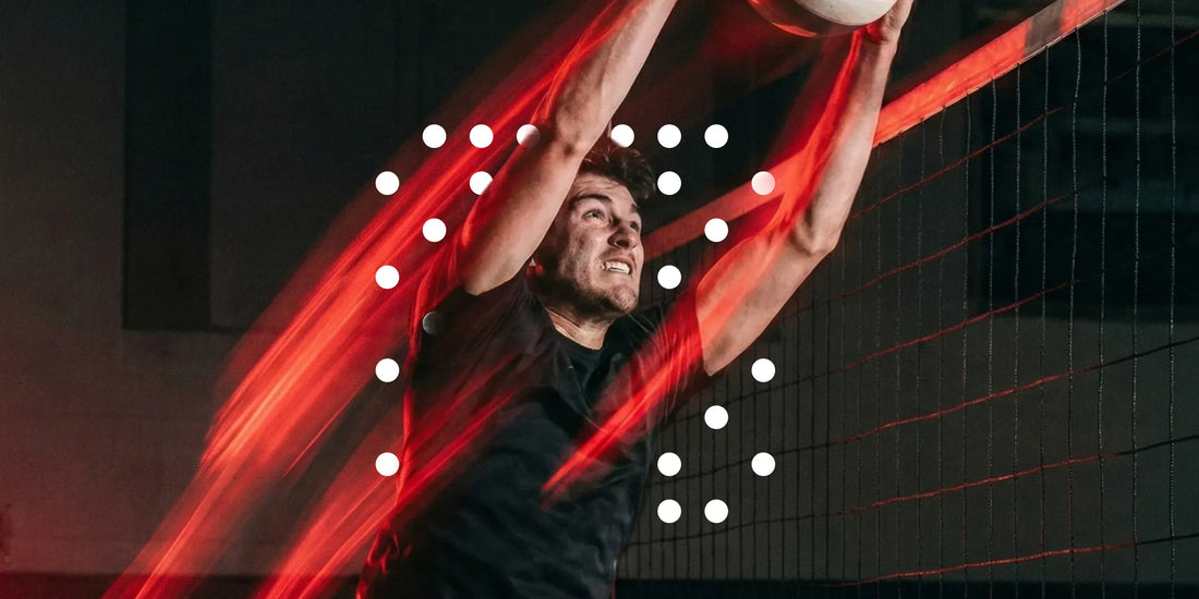 An energetic volleyball athlete followed by a red light trail